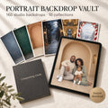 Portrait Backdrop Vault: printed backdrop samples, a tablet showing a family portrait and the compositing guide