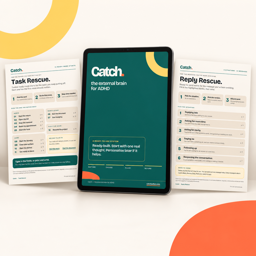 Catch Complete: the Catch cover on a tablet with the Task Rescue and Reply Rescue printable pages