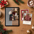 Holiday Pack: a tablet showing a family before and after in a Christmas living room, next to two printed photo cards