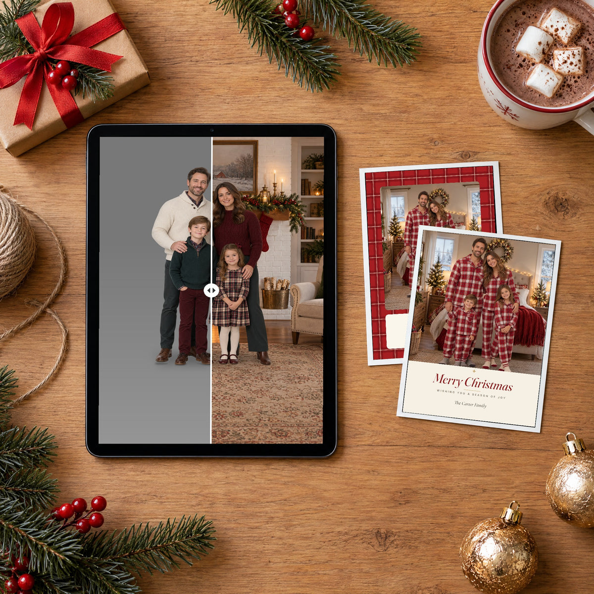 Holiday Pack: a tablet showing a family before and after in a Christmas living room, next to two printed photo cards