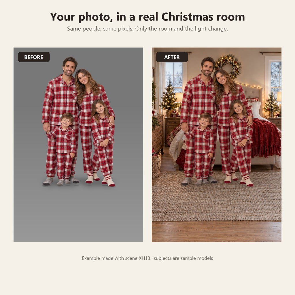 Before and after: a family in matching pajamas moved from a grey studio into a Christmas bedroom scene