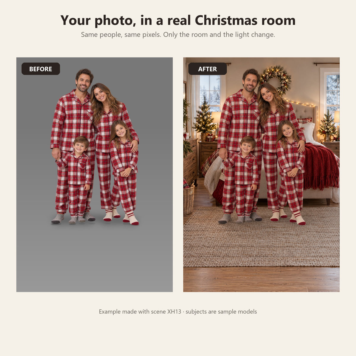 Before and after: a family in matching pajamas moved from a grey studio into a Christmas bedroom scene