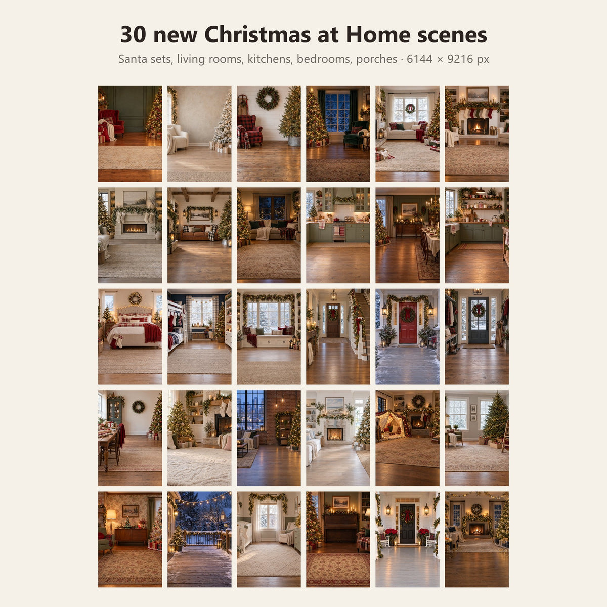 Grid of the 30 Christmas at Home backdrops: Santa sets, living rooms, kitchens, bedrooms and porches