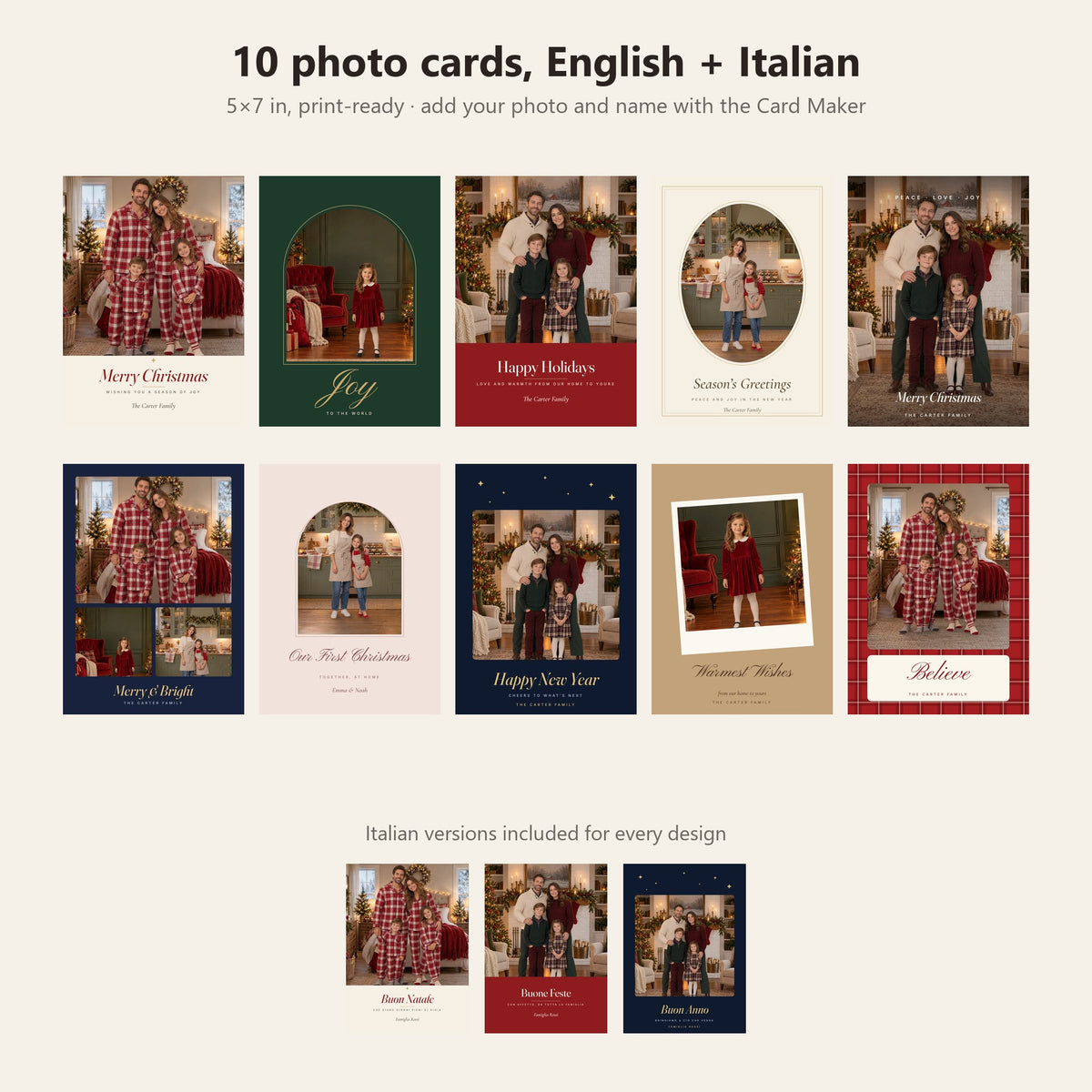 The 10 Christmas photo card designs, with Italian versions