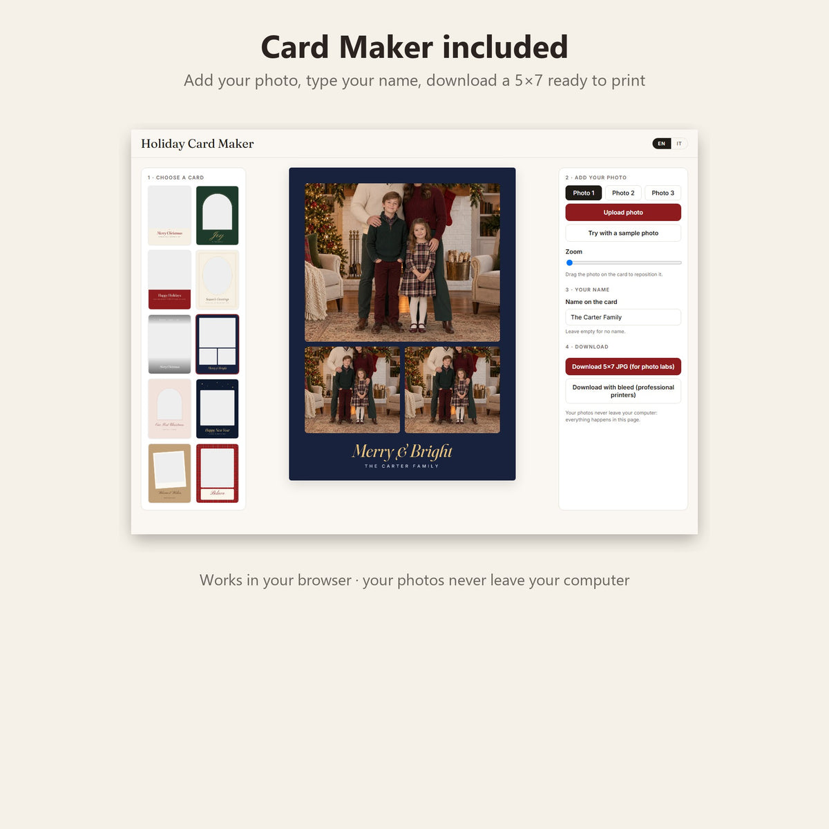 The Card Maker in the browser: choose a card, add a photo and a name, download