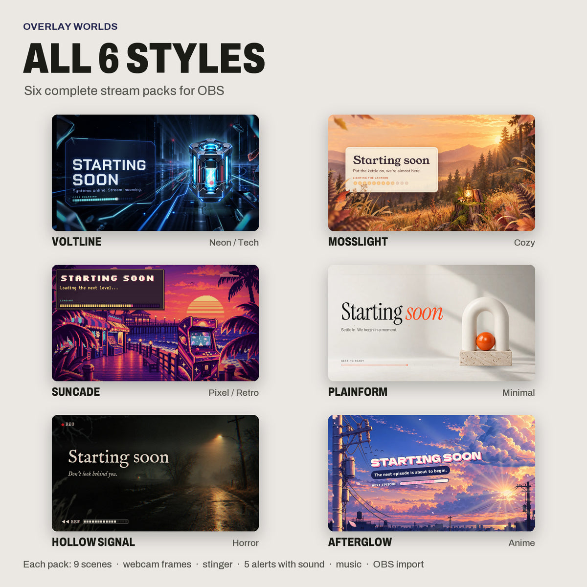 All 6 Overlay Worlds stream packs: VOLTLINE, MOSSLIGHT, SUNCADE, PLAINFORM, HOLLOW SIGNAL, AFTERGLOW